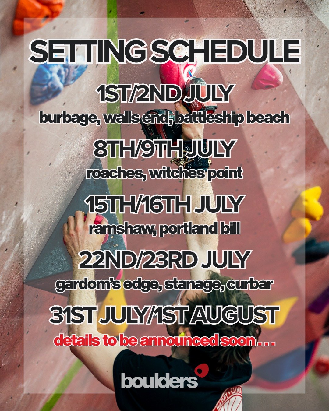 Here's our setting schedule for July!

Get those projects ticked off before they're gone forever!

Got any questions? Send us a DM. Want to share feedback about the setting at Boulders Cheltenham? Check the link in our bio.

#Bouldering #Climbing #Bo