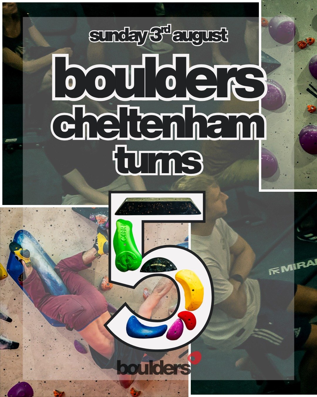 🥳 WE ARE TURNING 5! On Sunday 3rd August, join us at Boulders Cheltenham to celebrate 5 years of our centre and our wonderful community. 

🧗&zwj;♂️The day includes 20 exclusive event blocs, one-day-only couples climbs, a dyno wall, a stacked raffle