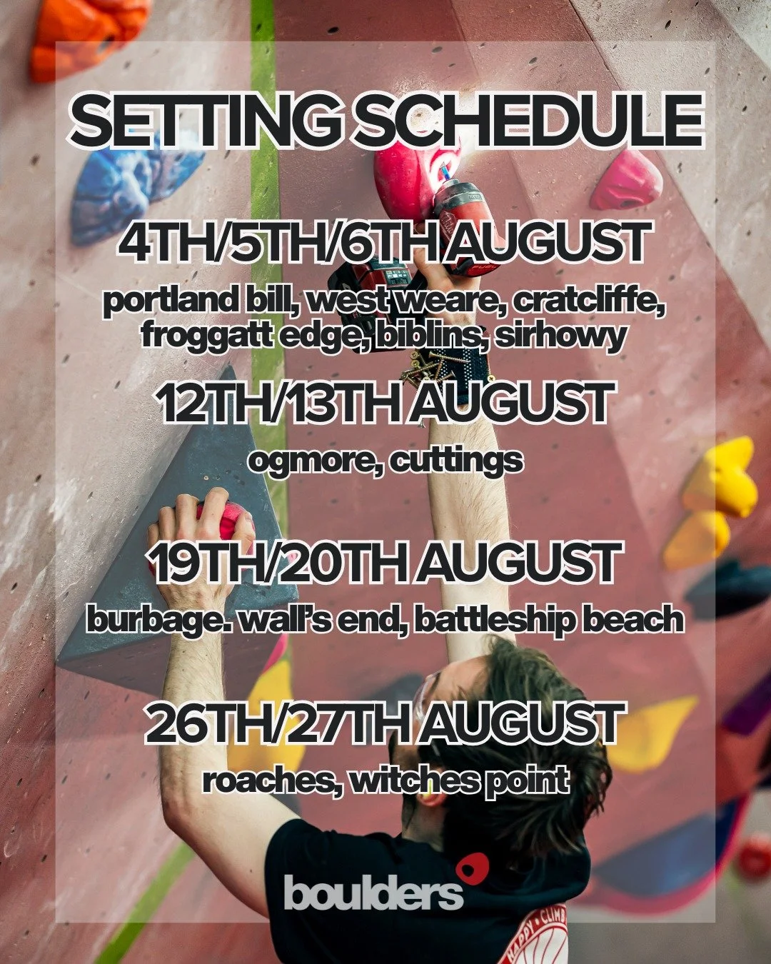Here's our setting schedule for August!

Get those projects ticked off before they're gone forever! ☑

Got any questions? Send us a DM. Want to share feedback about the setting at Boulders Cheltenham? Check the link in our bio.

#Bouldering #Climbing