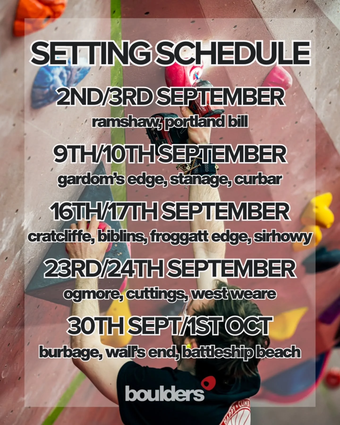 Here's our setting schedule for September!

Get those projects ticked off before they're gone forever! ☑

Got any questions? Send us a DM. Want to share feedback about the setting at Boulders Cheltenham? Check the link in our bio.

#Bouldering #Climb