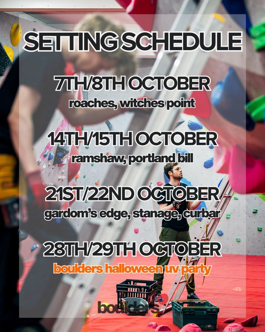 Here's our setting schedule for October!

Get those projects ticked off before they're gone forever! ☑

Got any questions? Send us a DM. Want to share feedback about the setting at Boulders Cheltenham? Check the link in our bio.

#Bouldering #Climbin