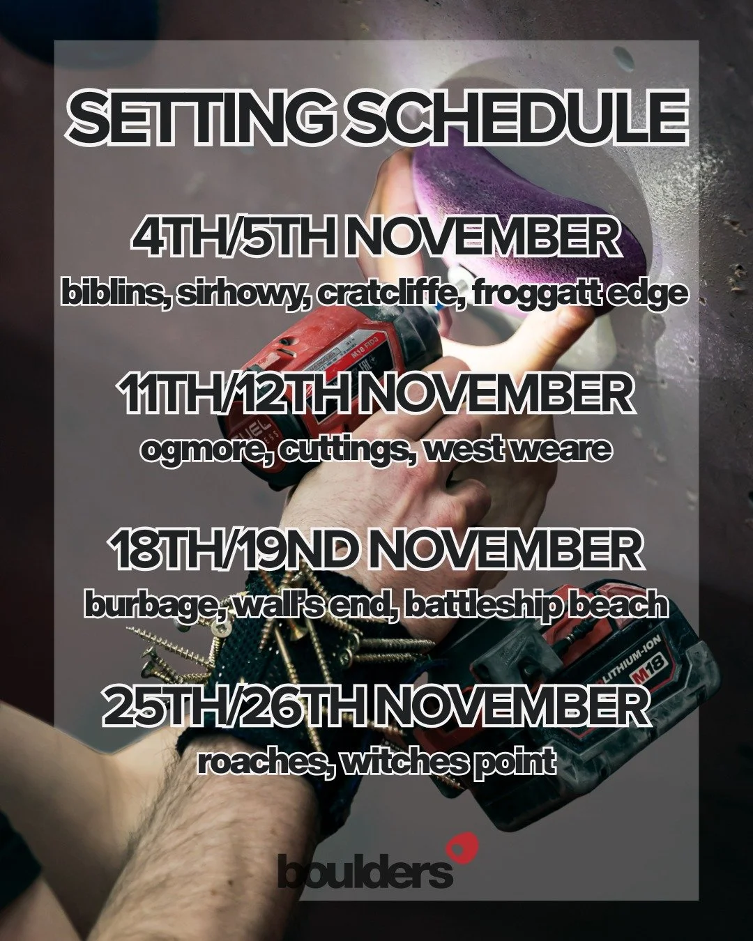 Better late than never, here's our setting schedule for November!

Get those projects ticked off before they're gone forever! ☑

Got any questions? Send us a DM. Want to share feedback about the setting at Boulders Cheltenham? Check the link in our b