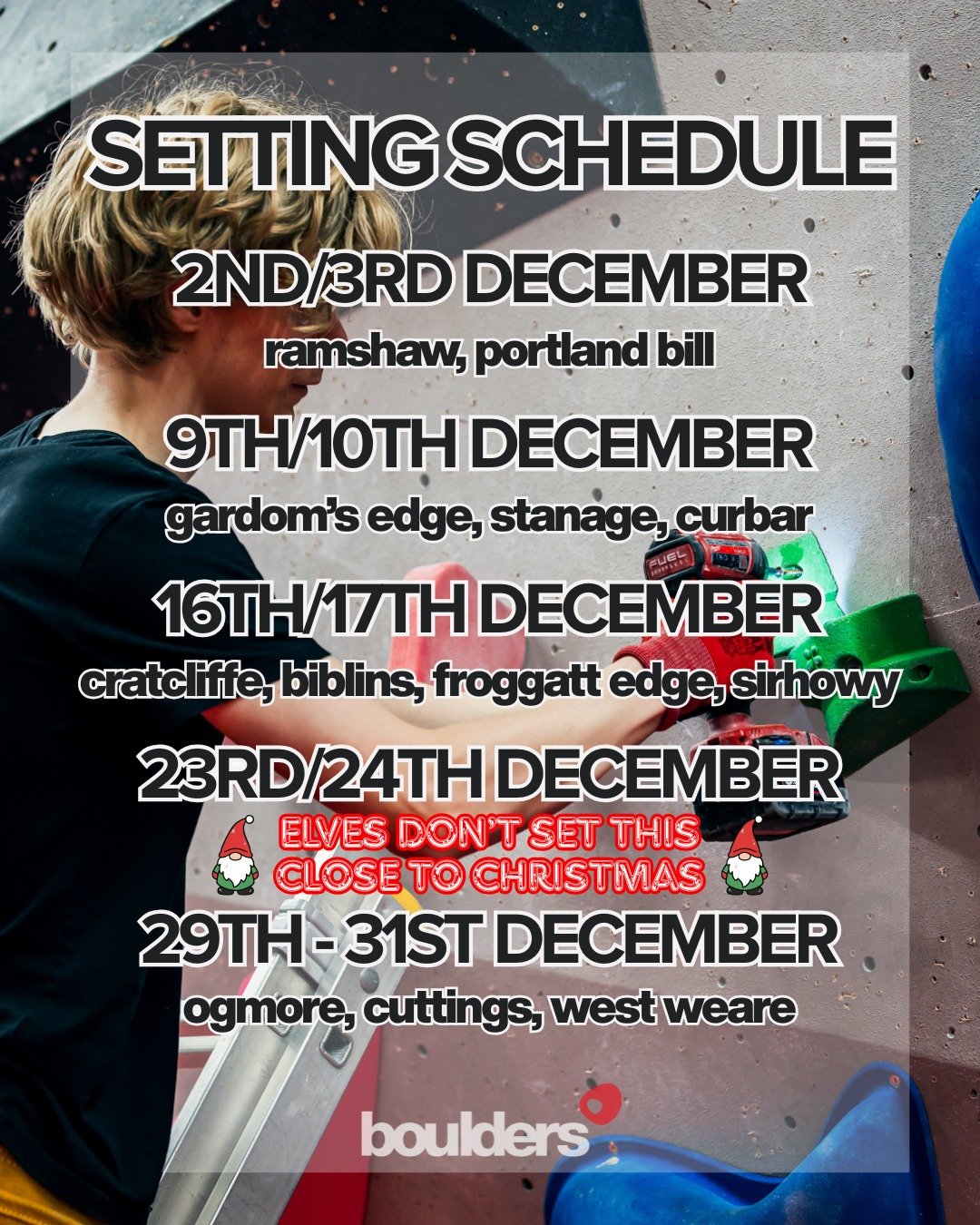 Here's our setting schedule for December! There will be no setting on Tuesday 23rd or Wednesday 24th as Tom and Ewan will be travelling back to the North Pole for the festive season. ❄

Get those projects ticked off before they're gone forever! ☑

Go