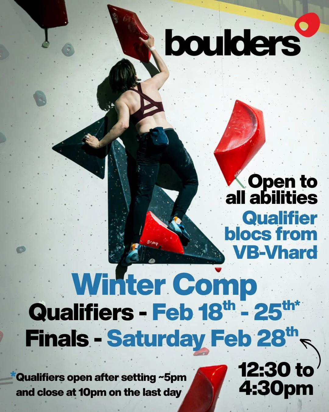 Our Winter Comp is starting soon!! ❄️⛄

Come on down and join in the fun 

We will be setting 20 qualifying blocs for you all to try between Wednesday the 18th of Feb (after about 5pm) until Wednesday the 25th of Feb at 10pm

Qualifiers are open to e