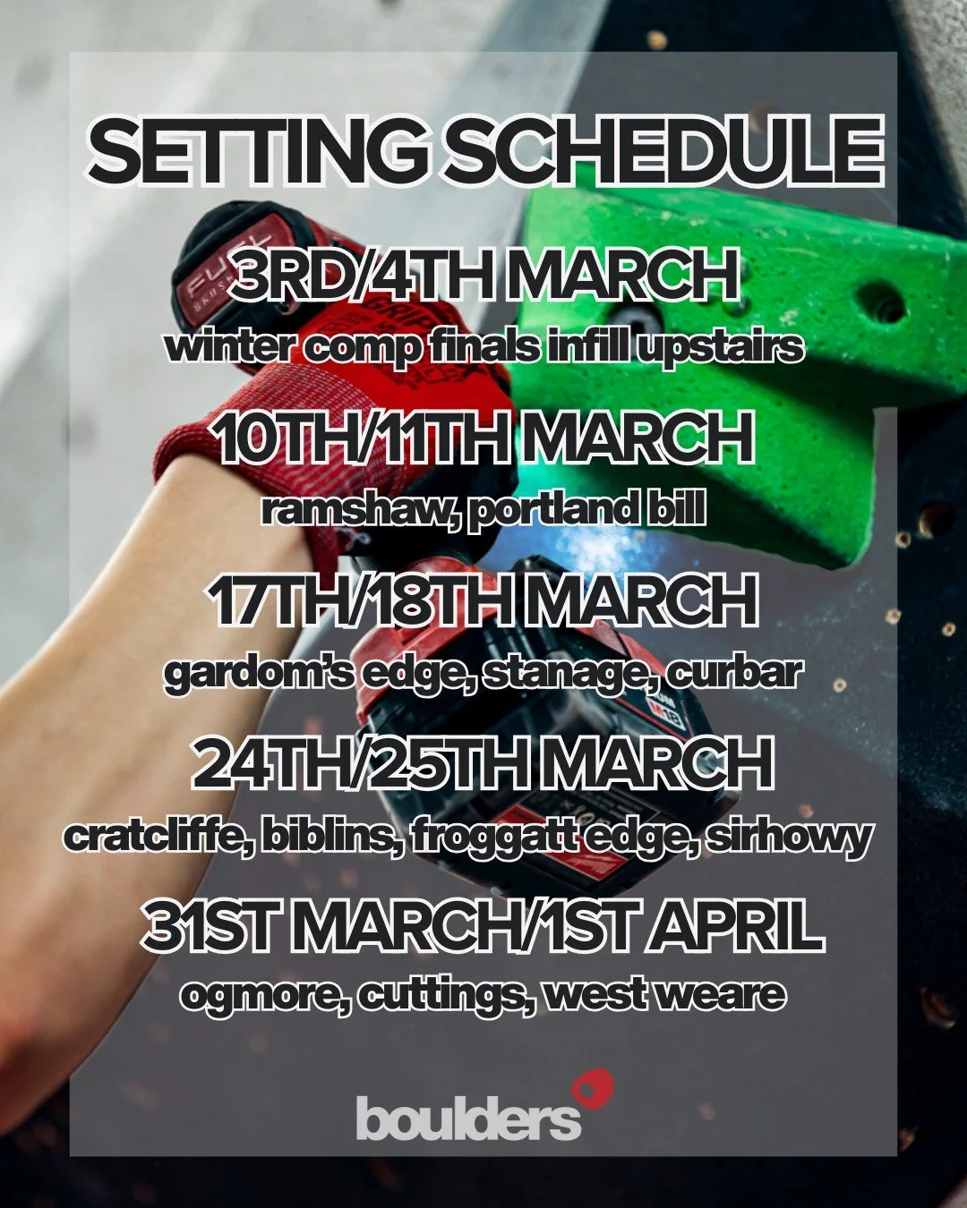 Here's our setting schedule for March!

After our Winter Comp Finals, we are now back to regularly scheduled programming.

Get those projects ticked off before they're gone forever! ☑

Got any questions? Send us a DM. Want to share feedback about the