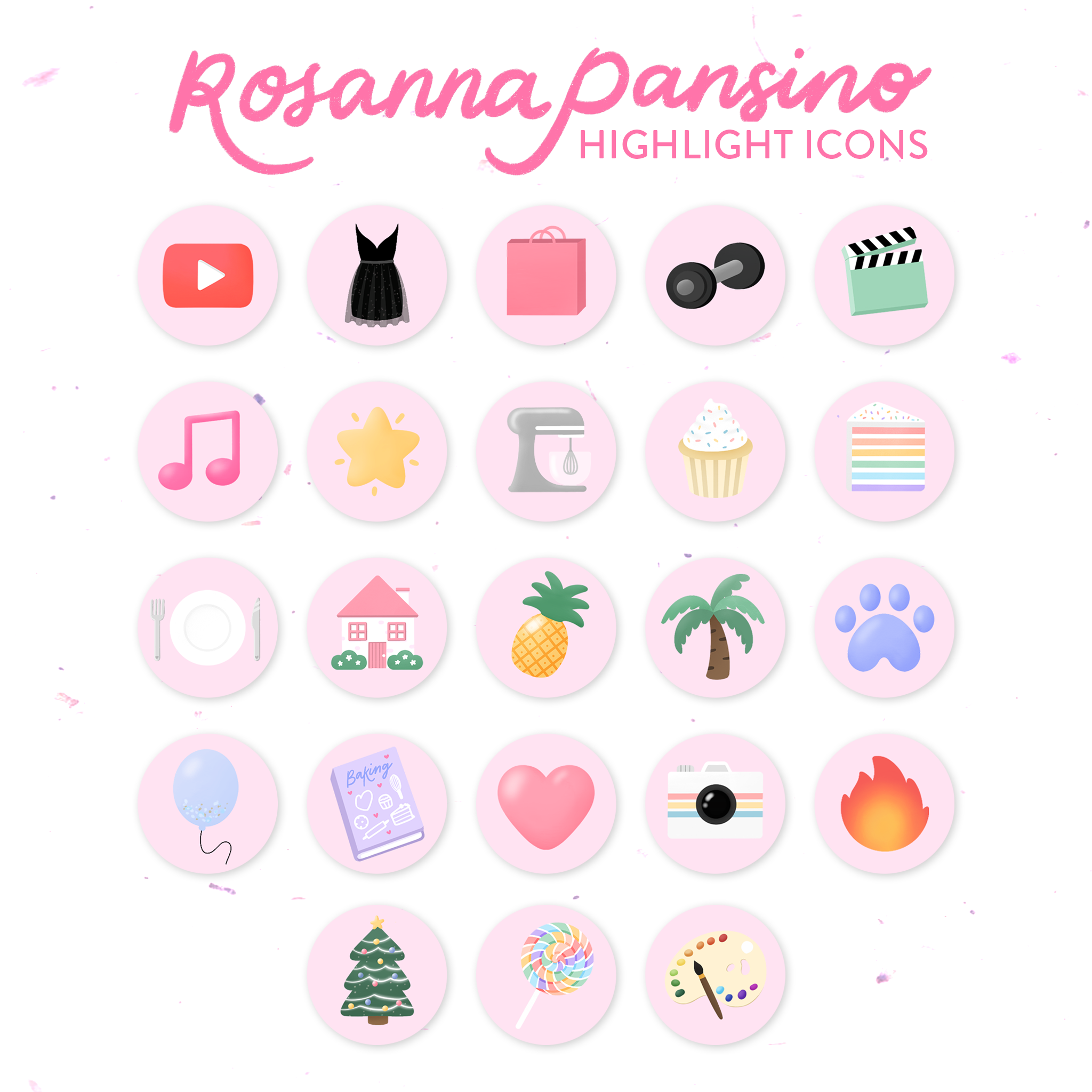 Set of 23 bright and colorful Instagram highlight icons for Rosanna Pansino.