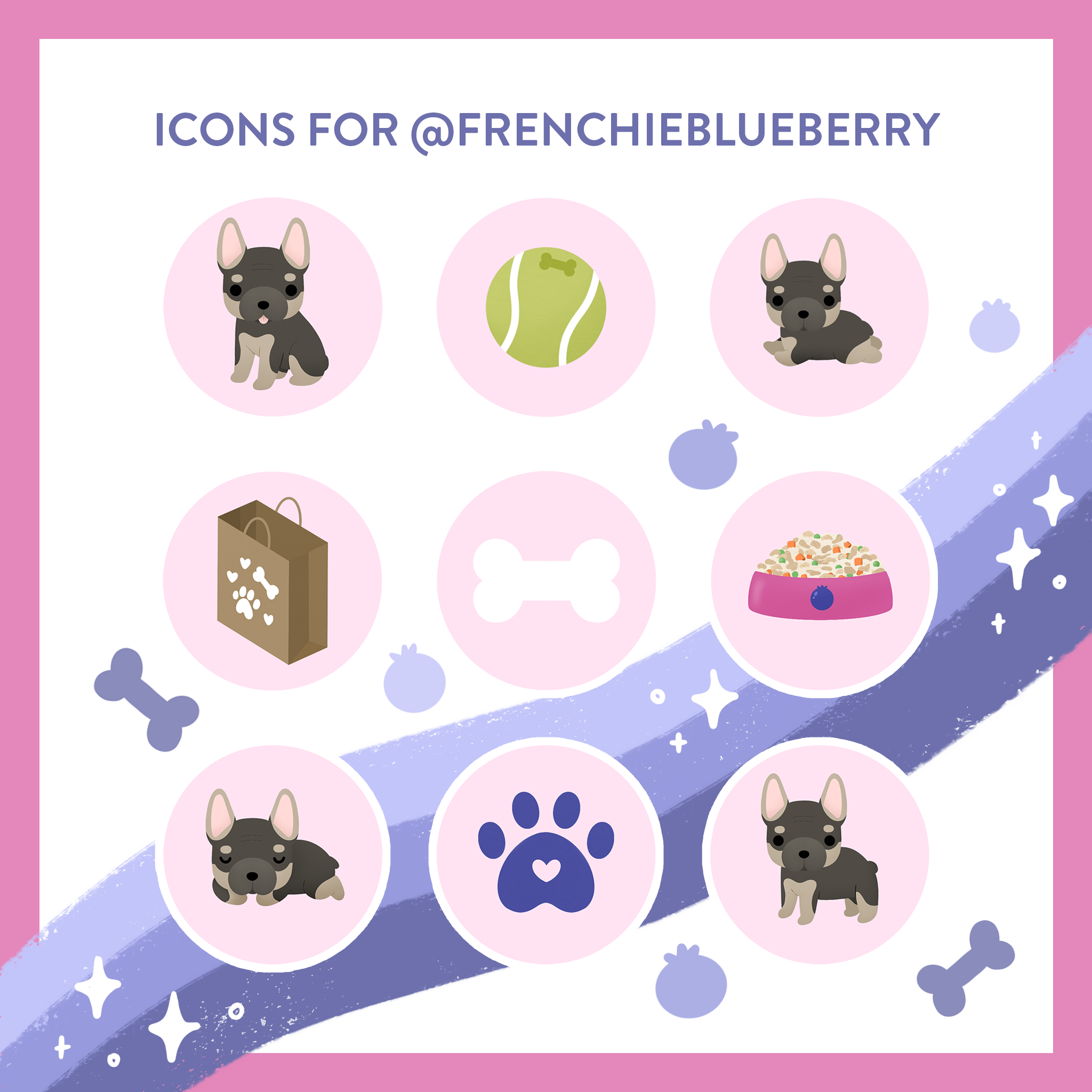 Set of Instagram highlight icons for Rosanna’s dog’s Instagram (now @blueandcoconut, formerly @frenchieblueberry).