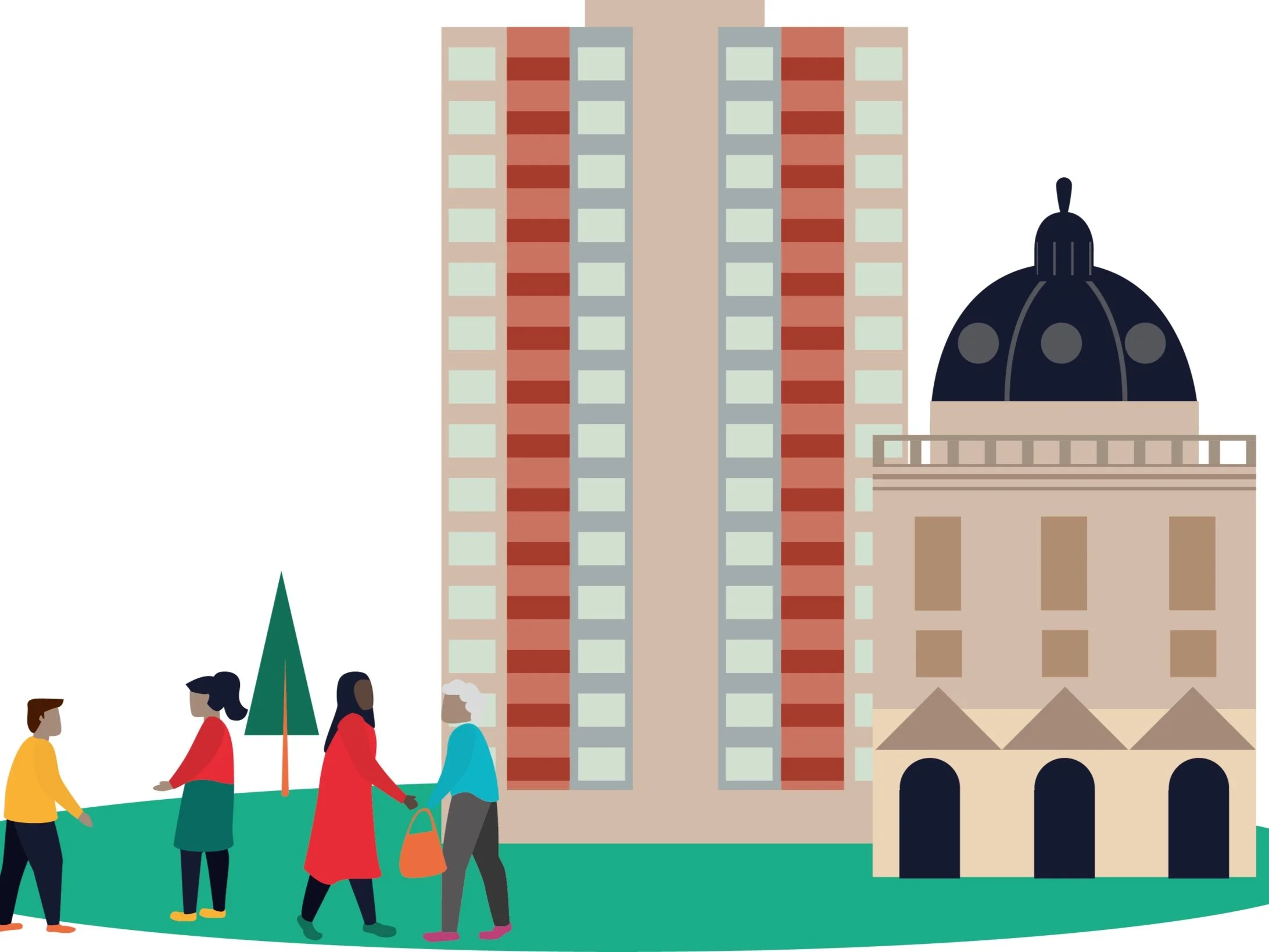 A cartoon of people walking past the Radcliffe Camera and a tower block