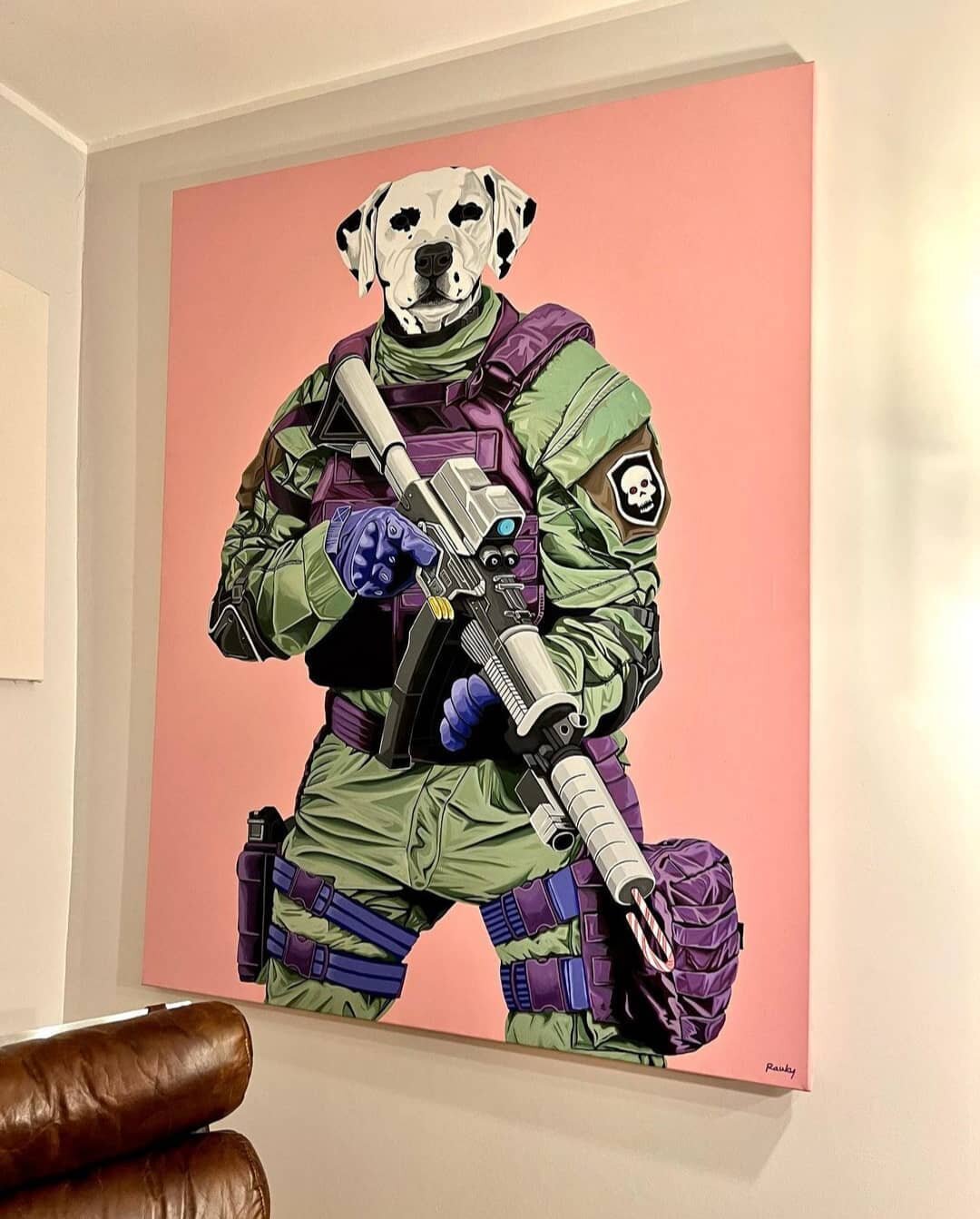 Ga&iuml;a war.
Acrylique sur toile.
97x146 cm.
2018.

Cr&eacute;dit photo : Claire Michelini.

#dalmatian #airsoft #figurativepainting #dog #rauky #raukypainter #gun #camo