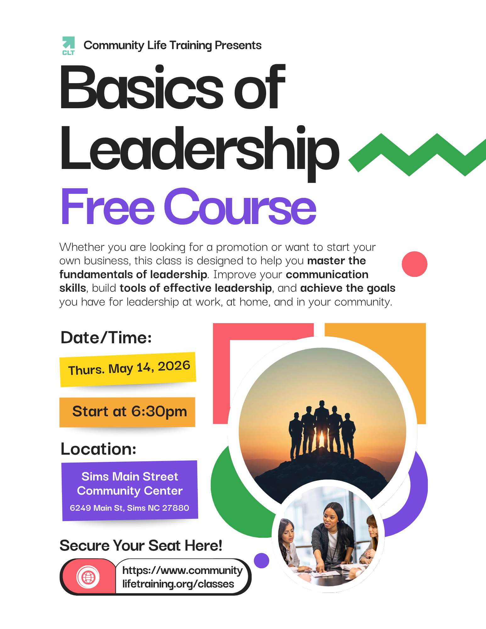 Flyer for Community Life Training Basics of Leadership Free Class