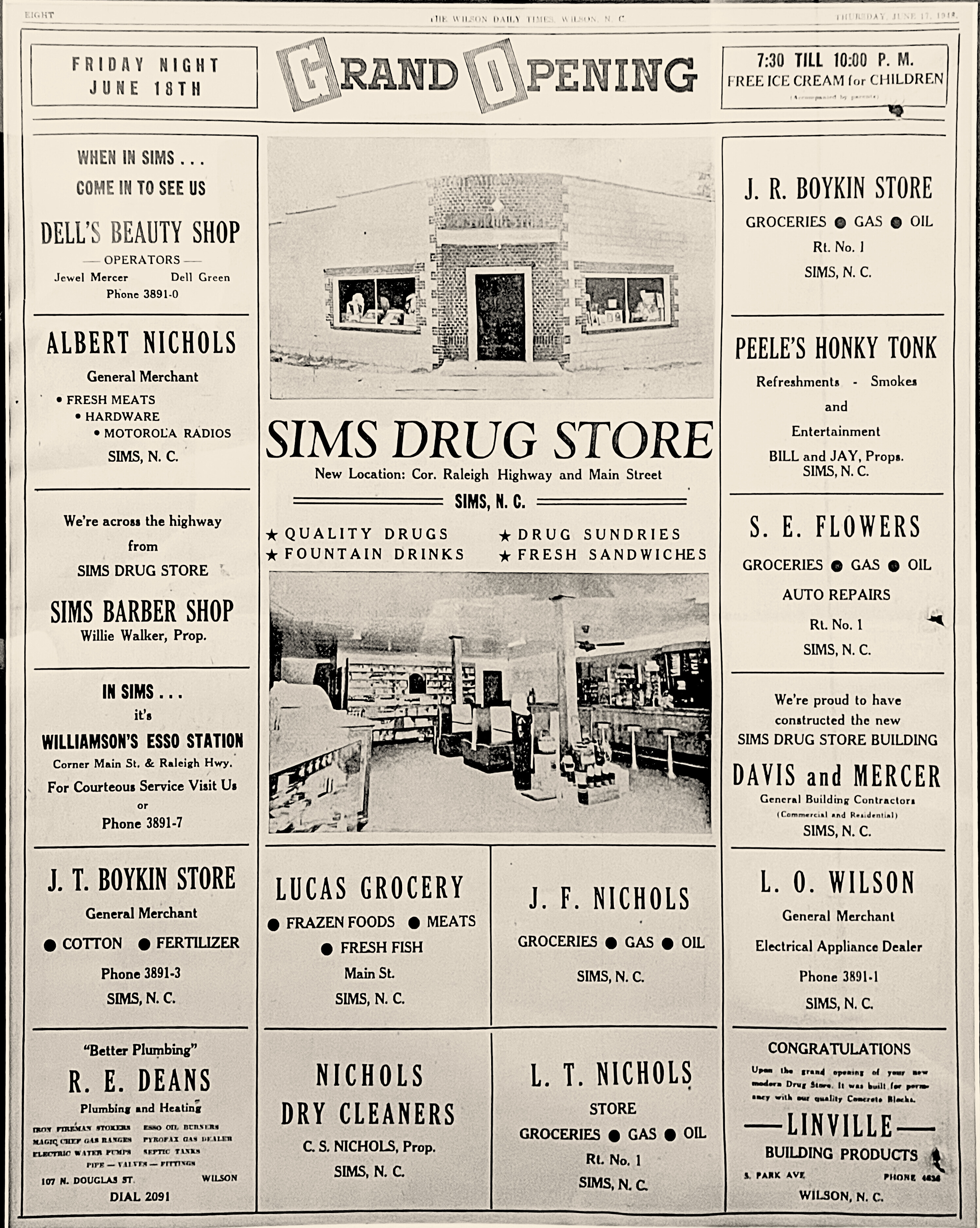 Sims Businesses 1948 newspaper