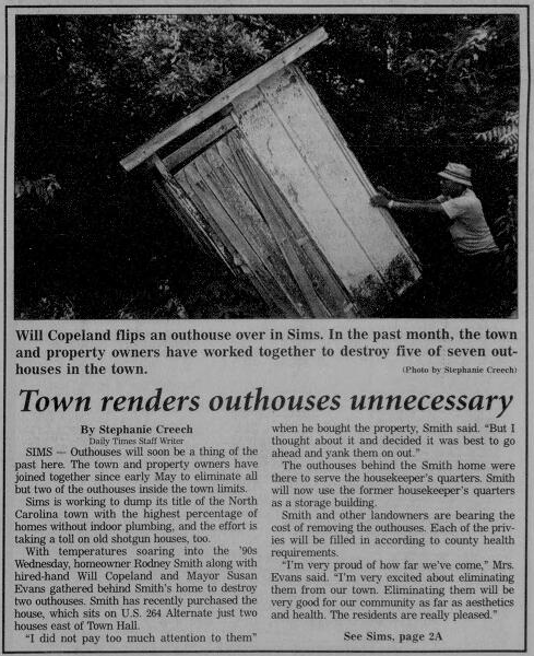 1998 Newspaper Clipping "Town Renders Outhouses Unnecessary"