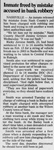 2005 Newspaper Clipping "Inmate freed by mistake accused in bank robbery"