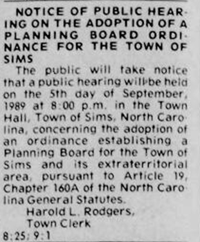 Newspaper Clipping "notice of public hearing on the adoption of a planning board ordinance for the town of sims