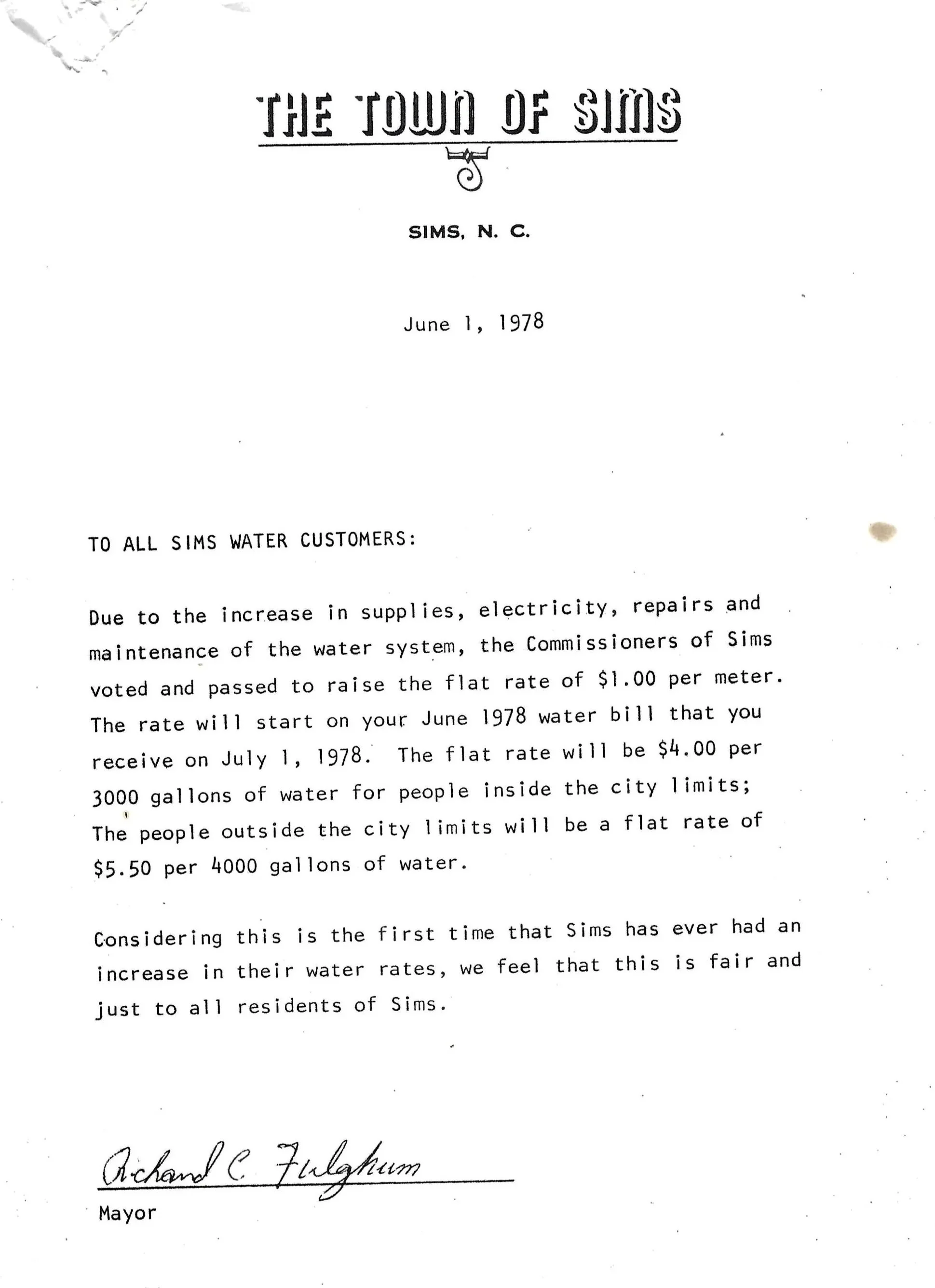 Letter from Town to Resident about Increase in Water rates