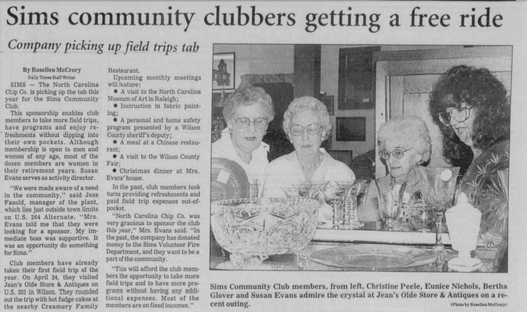 Sims Community Club Newspaper clipping