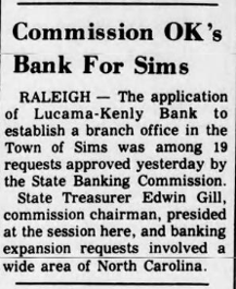 Newspaper Clipping from 1972 "Commission OK's Bank for Sims"