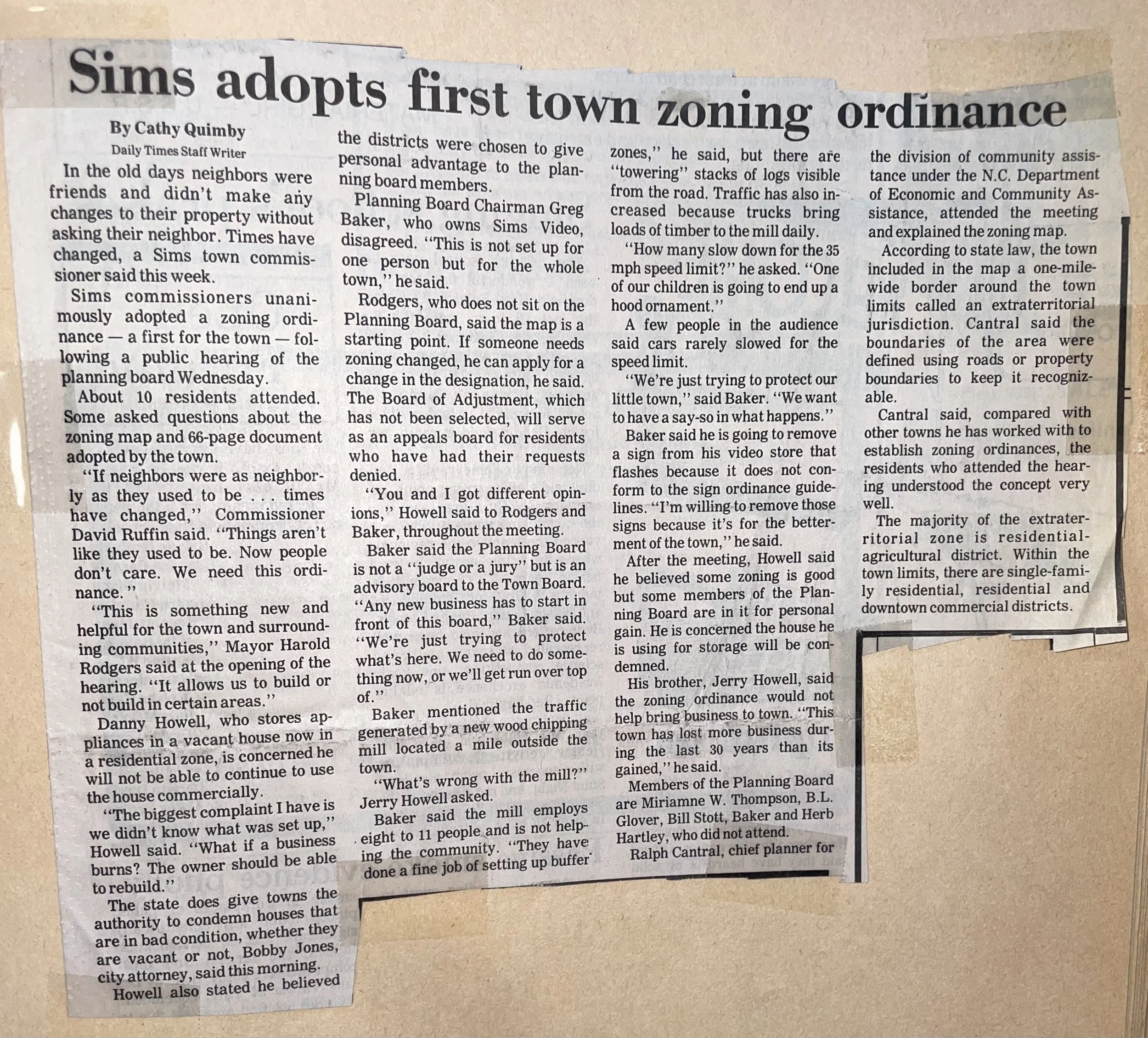 1990 Newspaper Clipping "Sims adopts first town zoning ordinance"