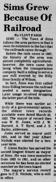 1976 Newspaper Clipping "Sims Grew Because of Railroad"