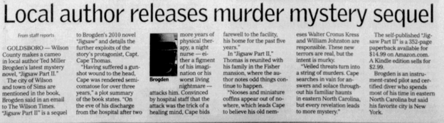 2017 Newspaper Clipping "Local author releases murder mystery sequel"