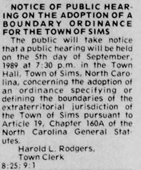 Newspaper Clipping "notice of public hearing on the adoption of a boundary ordinance for the town of sims