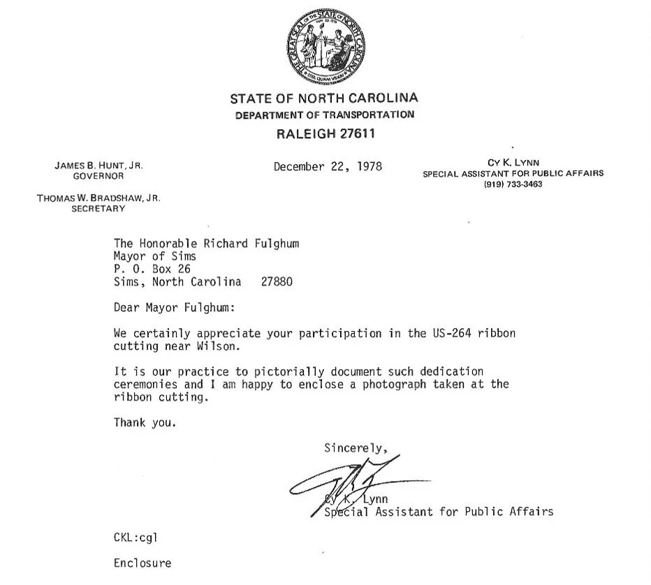 1978 Letter to Mayor Richard Fulghum for US 264 Ribbon Cutting