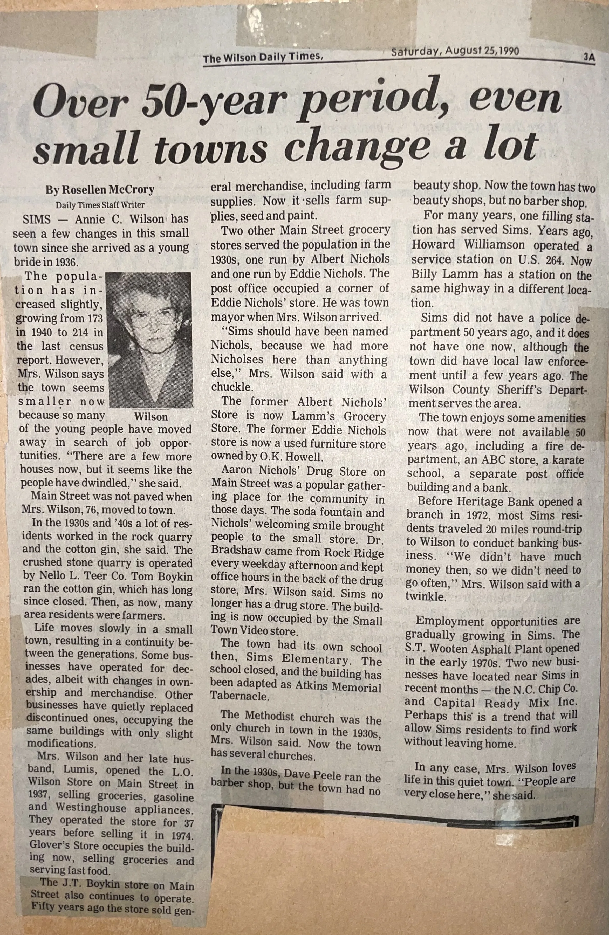 1990 Newspaper Clipping "Over a 50 year period, even small towns change a lot"
