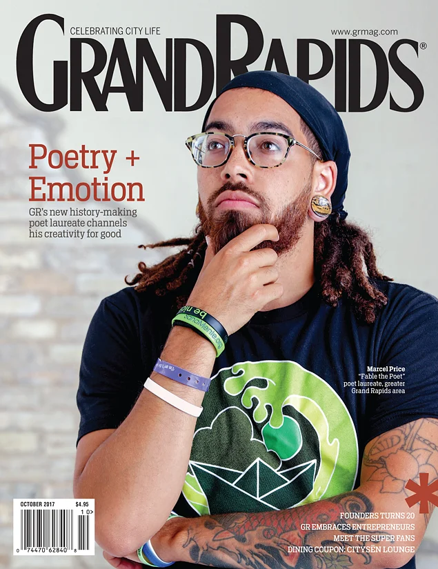 FABLE THE POET Grand Rapids Magazine cover featuring Marcel "Fable" Price, Poet Laureate of Grand Rapids, Michigan. Contemplative and poetic shot by Michael Buck of M-Buck Studio.