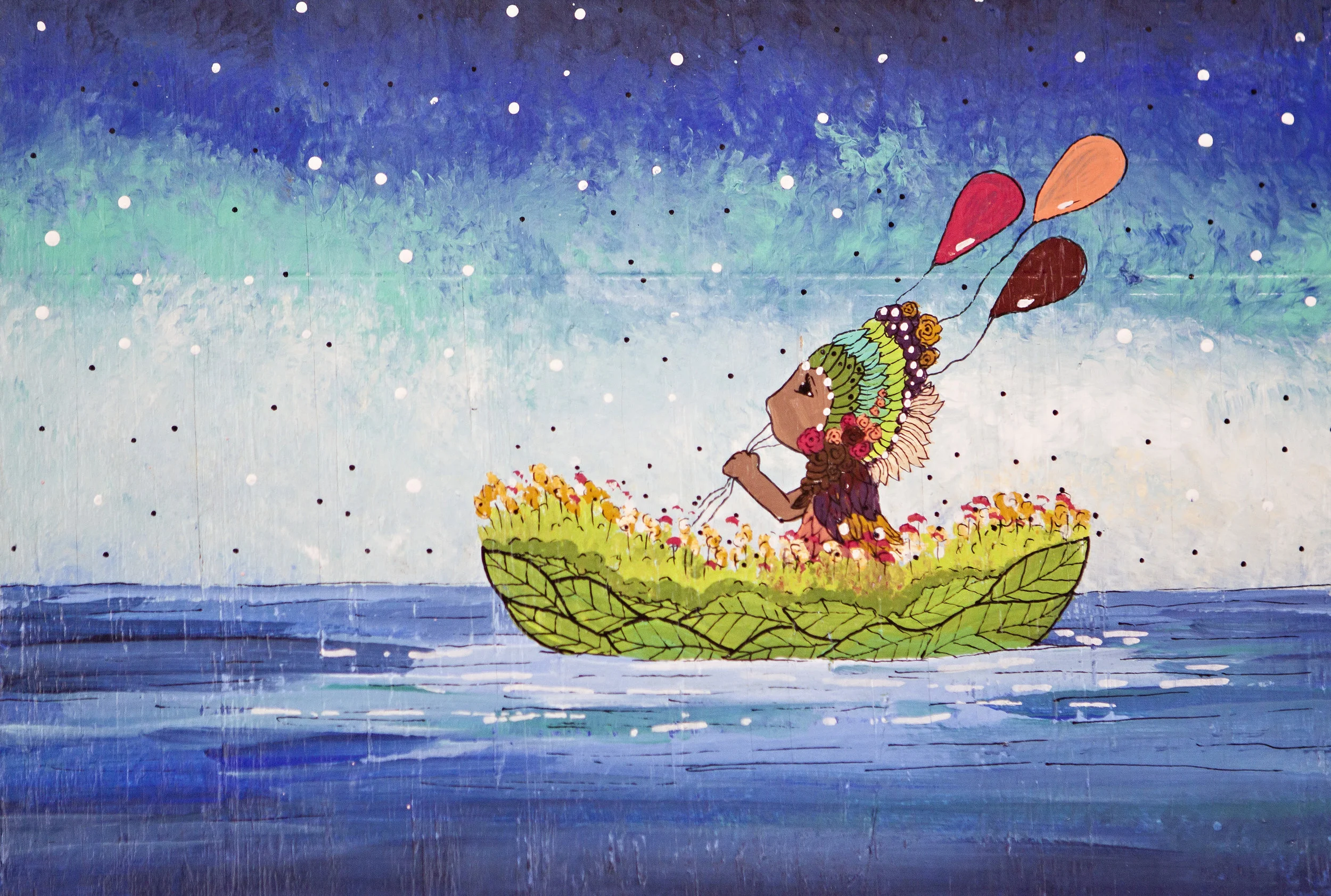 “Afloat”, 2014, Acrylic on reclaimed wood.