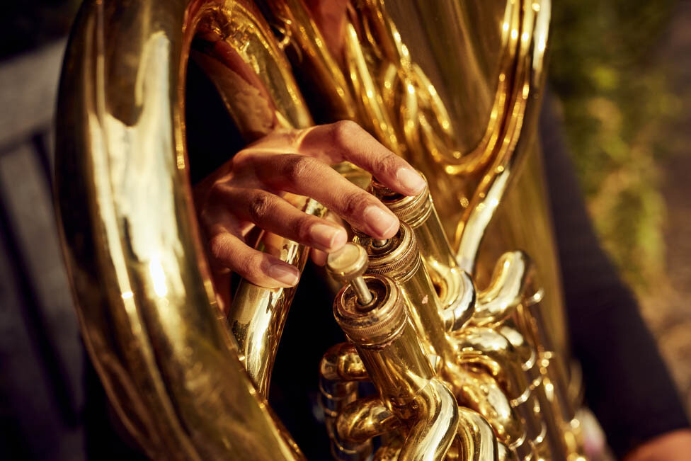  Rehearsal Room by Photographer Jon Enoch. Pictured: Hanna Mbuya and her Tuba in Denmark Hill, London.  