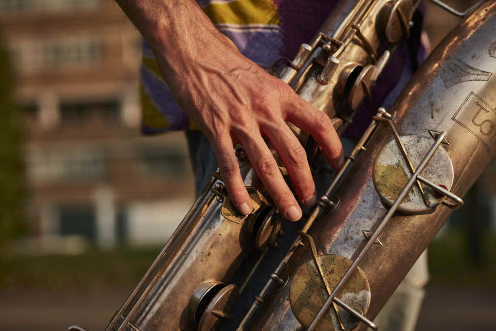  Rehearsal Room by Photographer Jon Enoch. Pictured: Leroy Richardson and his baritone saxophone pictured in East Dulwich, London.  