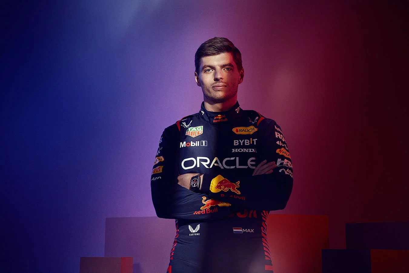 Advertising image by photographer Jon Enoch of F1 driver Max Verstappen in this race suit