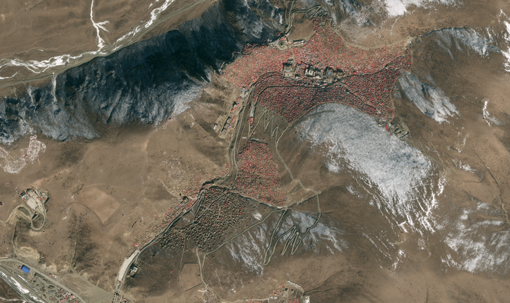 Aerial view of Larung Gar shot in January 2016, showing the full extent of the site (Apollo Mapping)