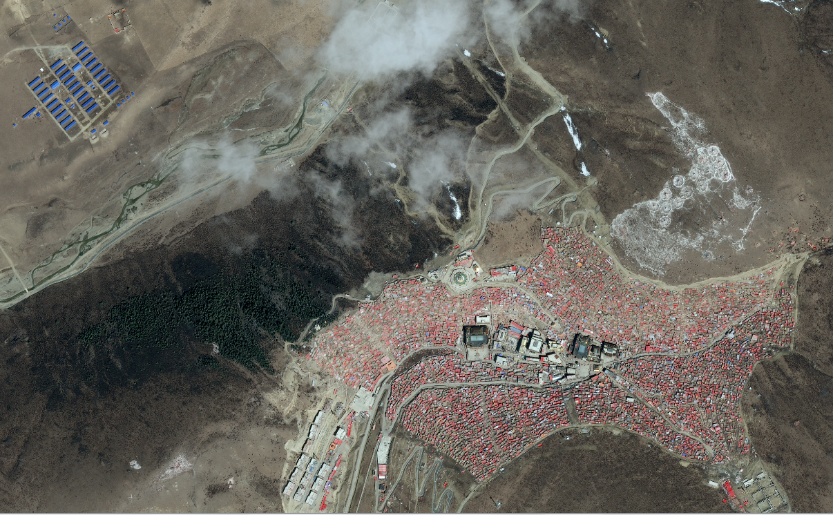 Aerial view of the nuns' accommodation in relation to Larung Gar, April 2017 (Apollo Mapping)