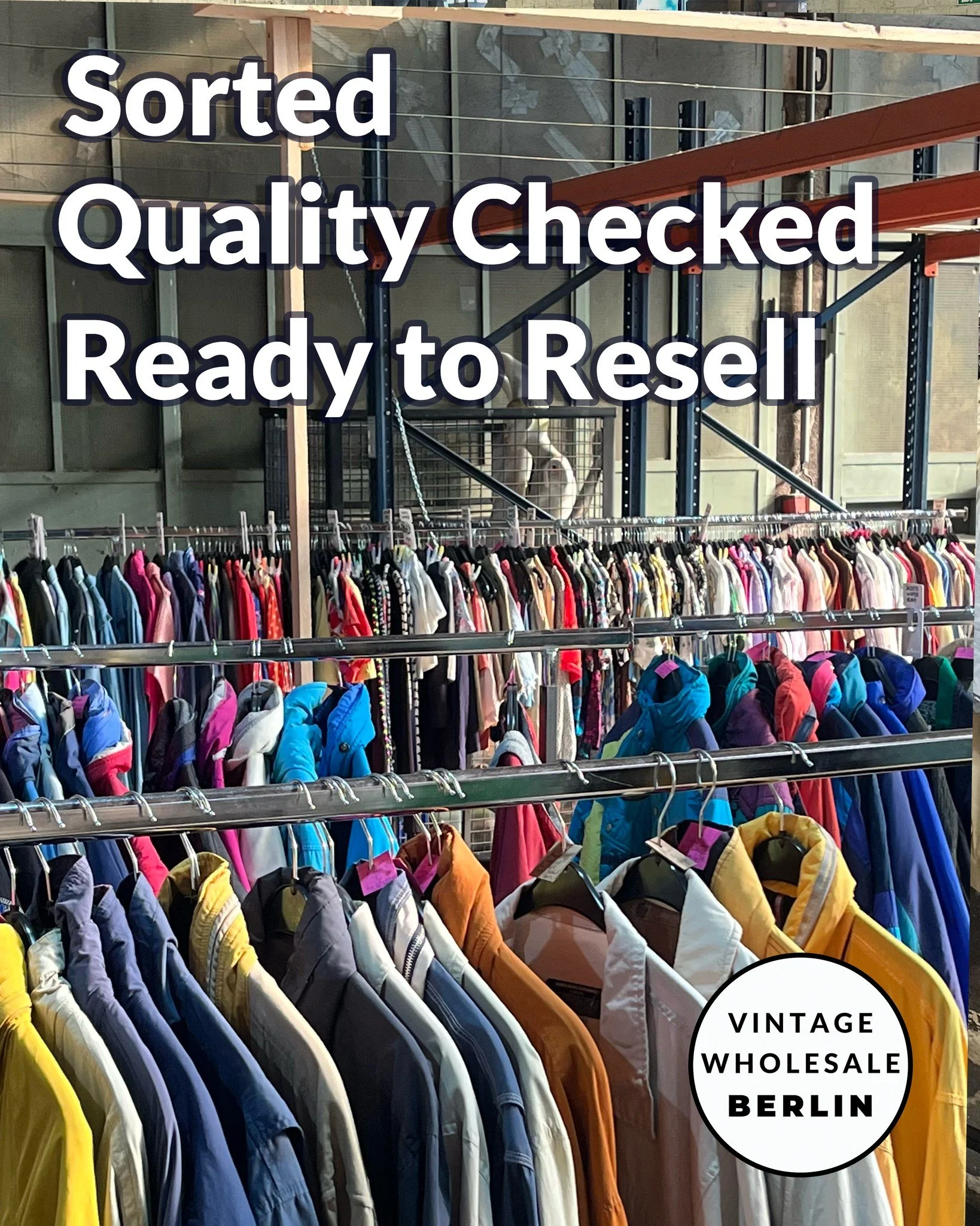 ✅ Sorted. Quality Checked. Ready to Resell.

Racks full of true vintage, prepared and ready for your customers.
Every single piece sorted by category, quality checked by hand, and waiting for the right reseller. This is how we make sure your vintage 