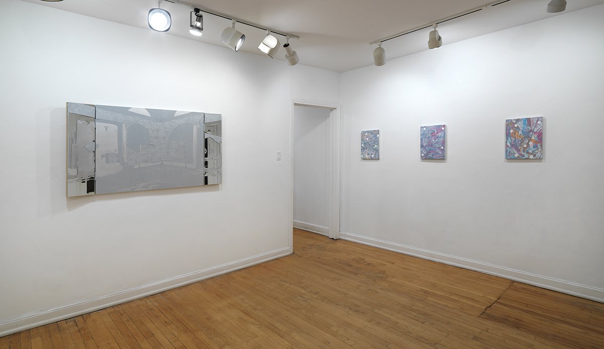 Installation of Excavation Paintitng 5 with three paintings by Larry Bookbinder