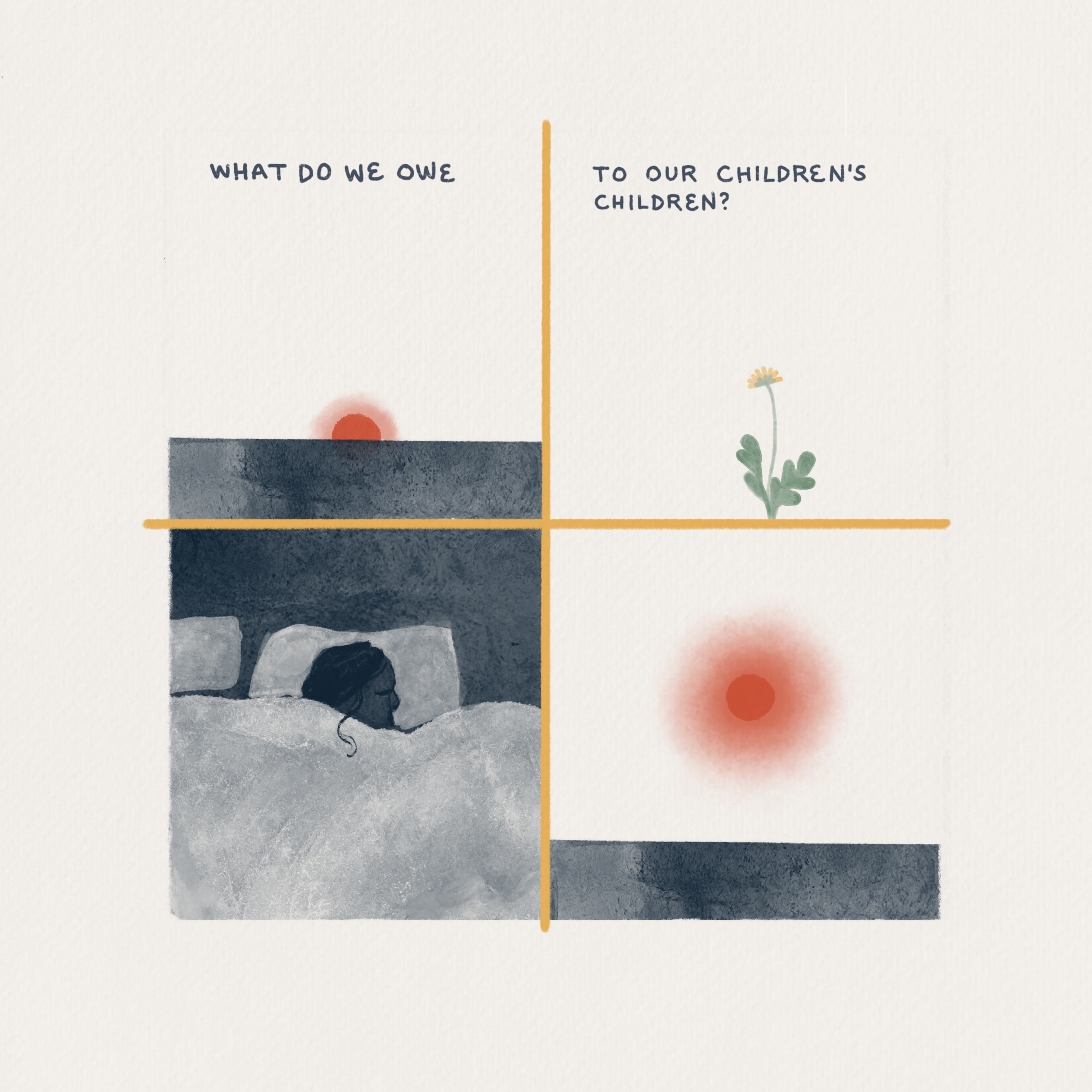 Text: What do we owe to our children's children? Image: A red sun rises. A delicate flower. A child sleeps.