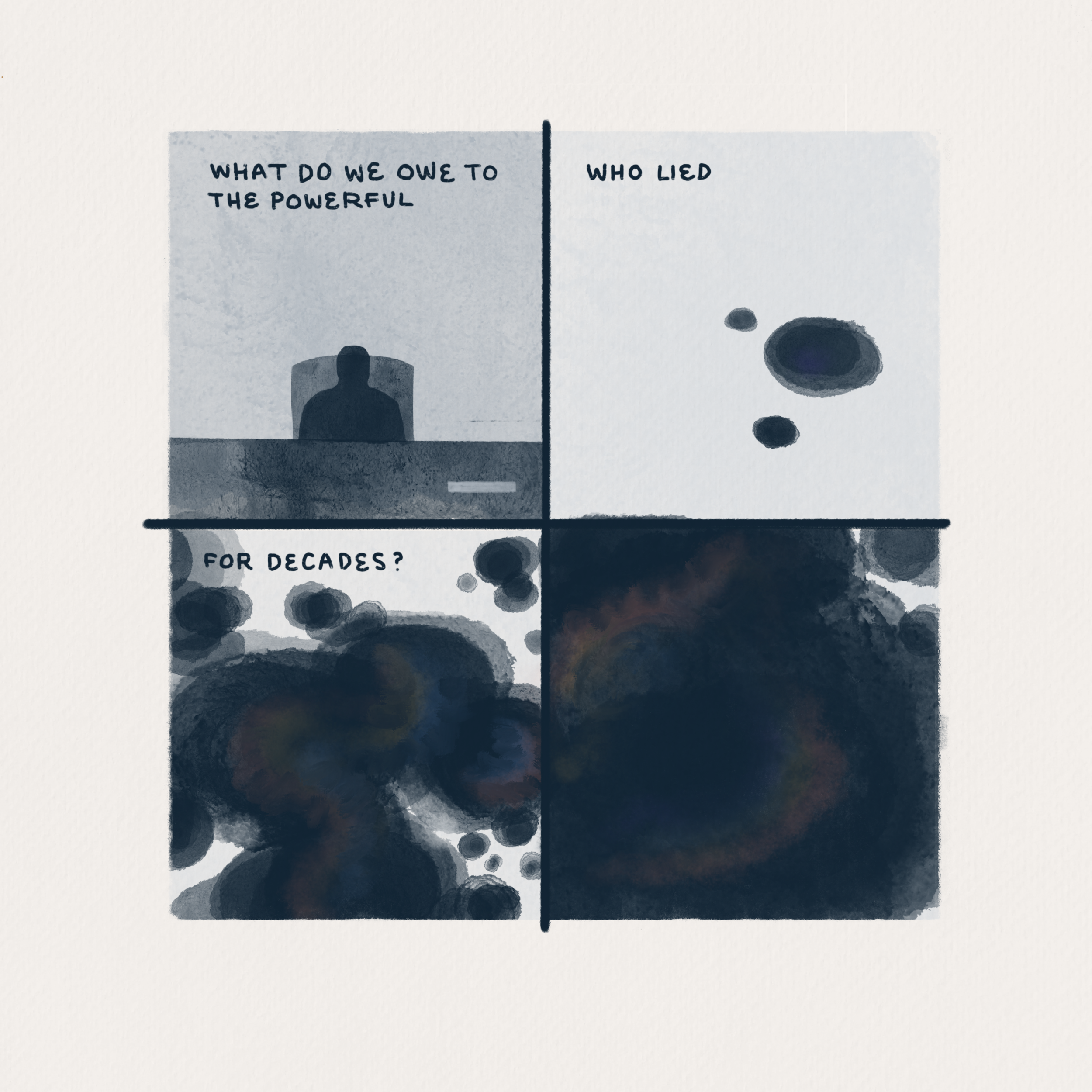 Text: What do we owe to the powerful who lied for decades? Image: A dark figure sits behind a large desk. Spots of shining oil fall and fill the screen.
