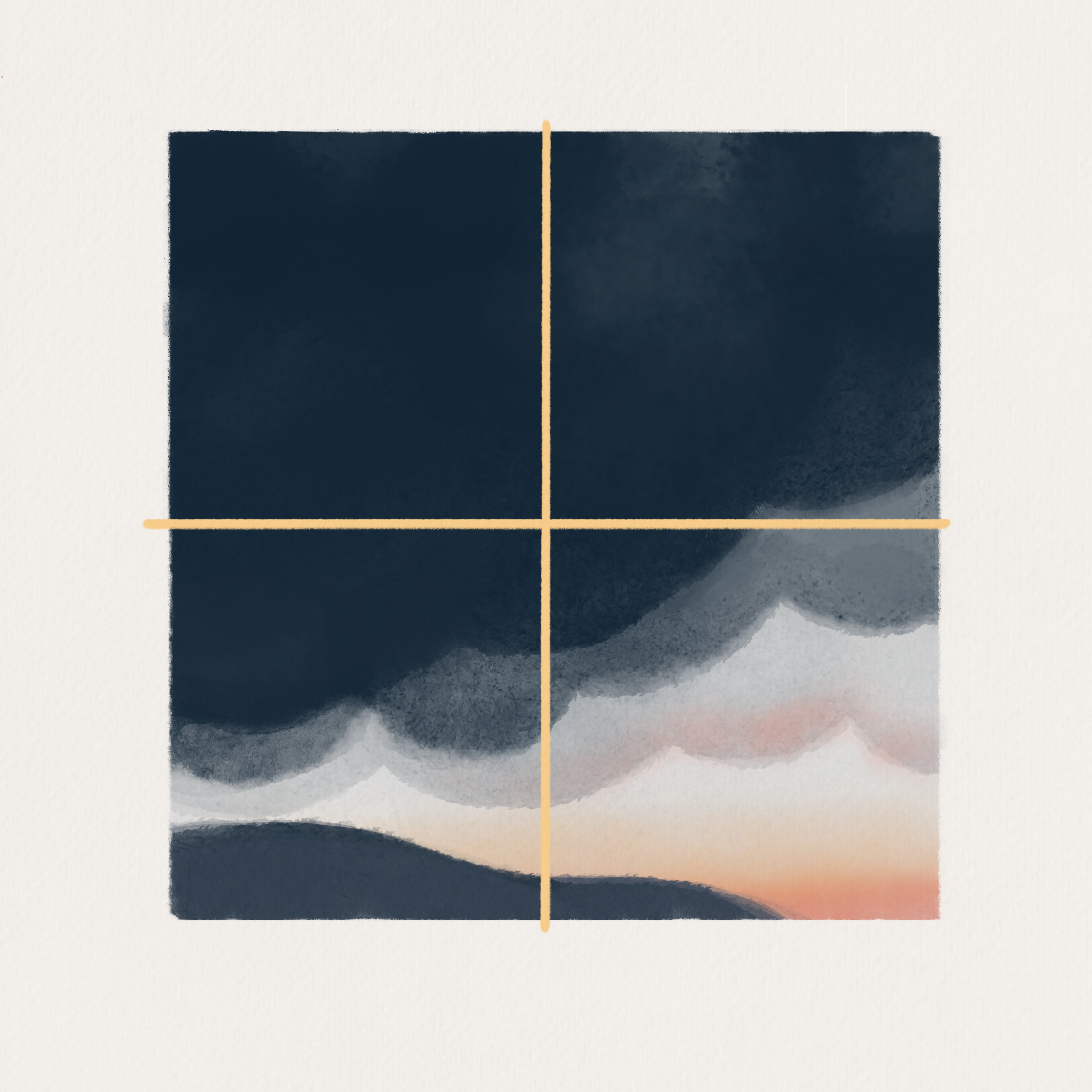 Image: Dark, forbidding clouds fill the sky. A small peek of pink-yellow sunset / sunrise is visible on the horizon.