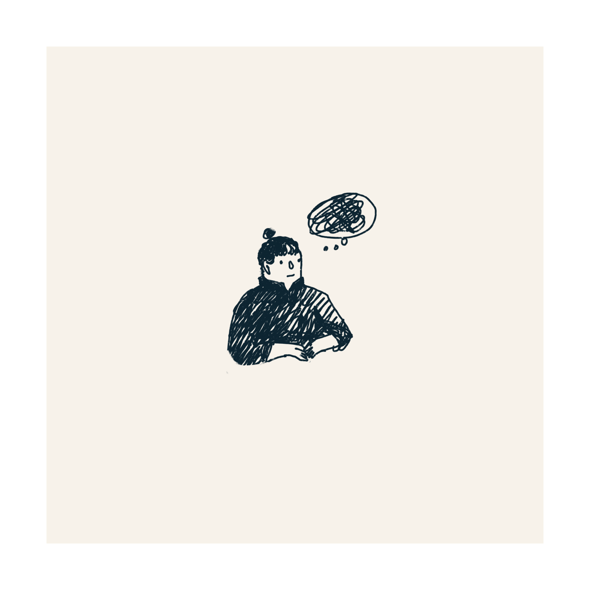 Image: Woman sits with her hands clasped, thinking a thought bubble full of scribbles.