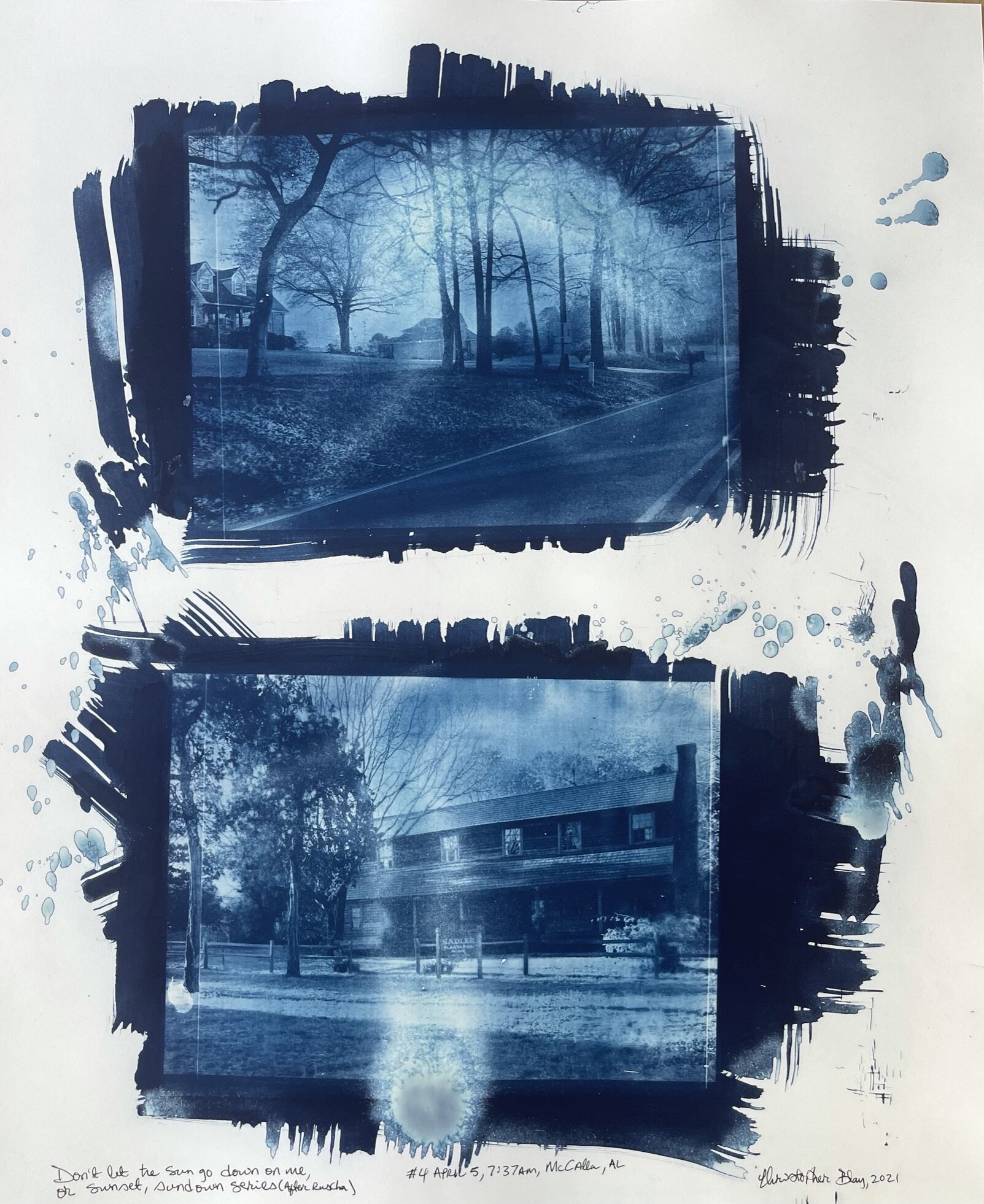 “Don’t let the sun go down on me, or Sunset Sundown series (After Ruscha) #4, April 5, 7:37AM, McCalla, AL..” Cyanotype on Hahnemuhle Platinum Rag fine art paper, 300 gsm, 2021, “20 x 24”