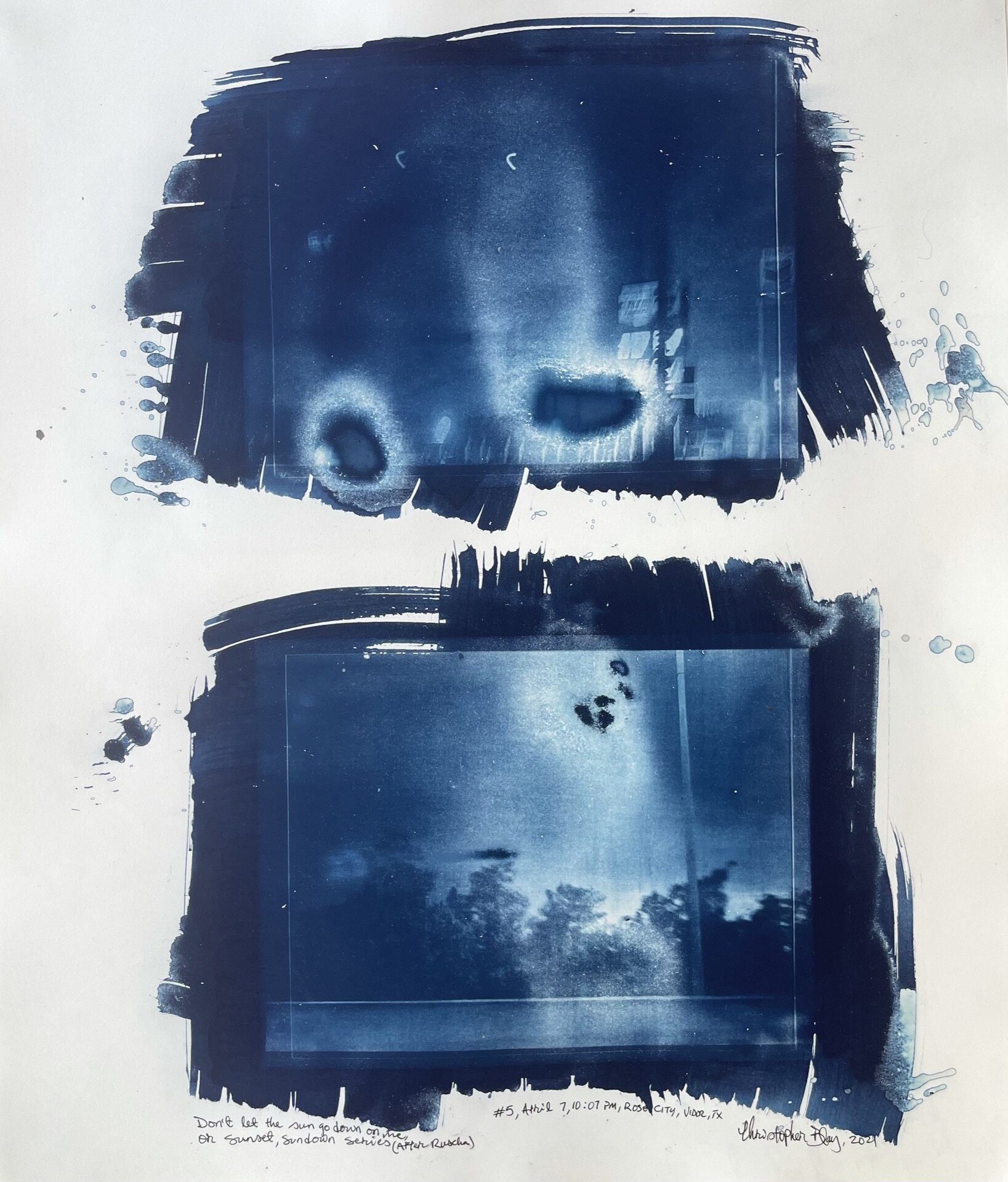 “Don’t let the sun go down on me, or Sunset Sundown series (After Ruscha) #5, April 7, 10:07PM, Rose City, Vidor, TX..” Cyanotype on Hahnemuhle Platinum Rag fine art paper, 300 gsm, 2021, 20” x 24”