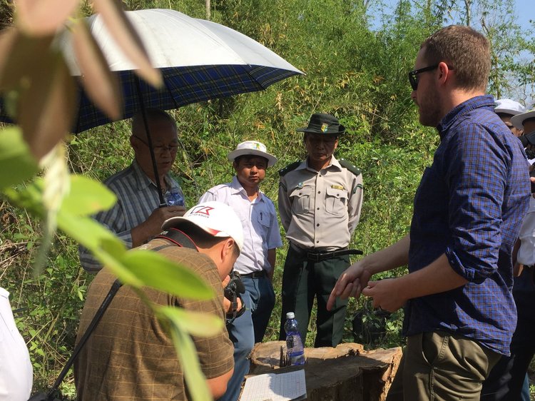 Max (in blue) at an upcountry field visit earlier this year. Visits into the forest like this require government approval and accompaniment of Forest Department/MTE officials, and may take multiple days to complete due to remote location and lack of vehicle access.