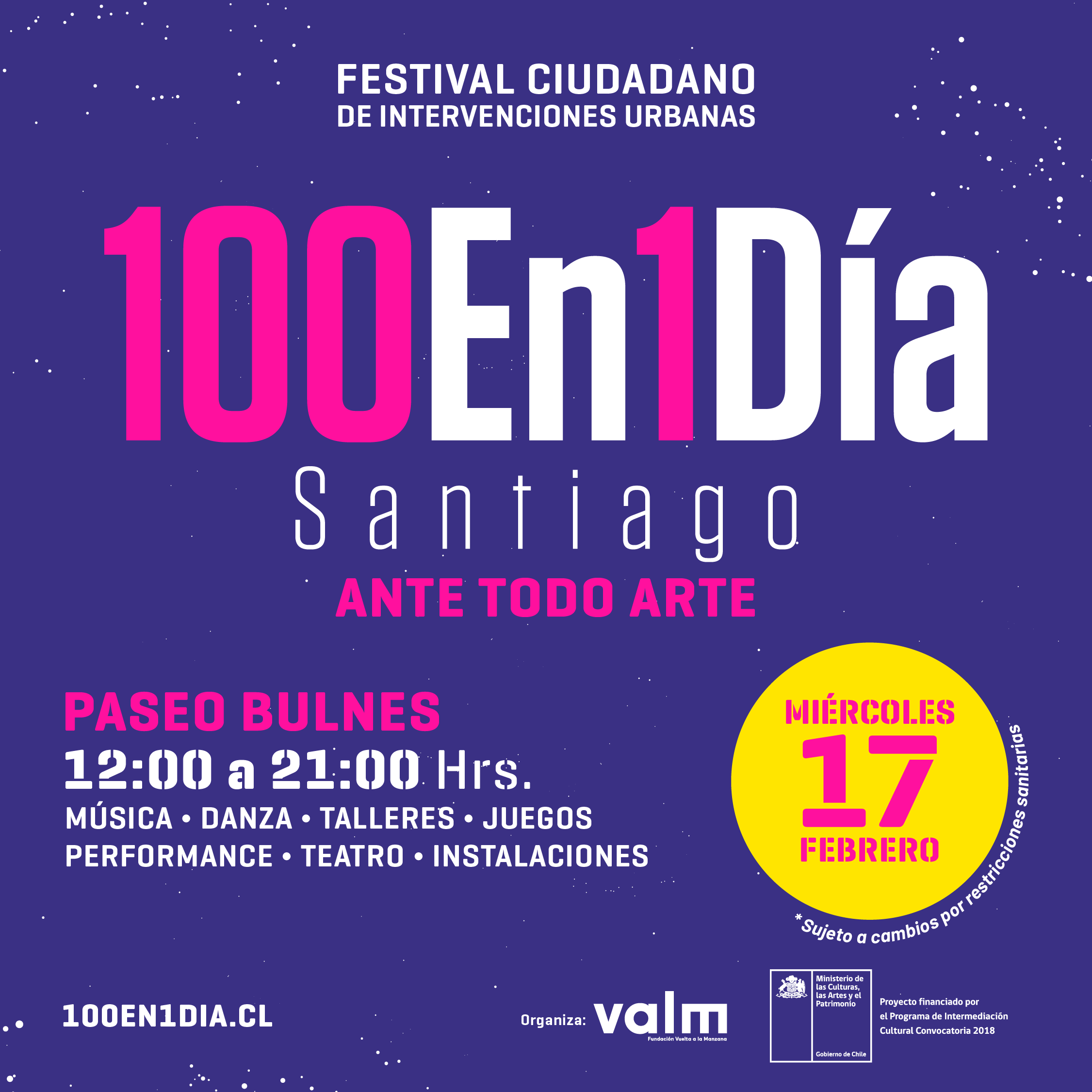 Cien intervenciones urbanas en un día: Festival 100 en 1 día Santiago se realizará el 17 de febrero