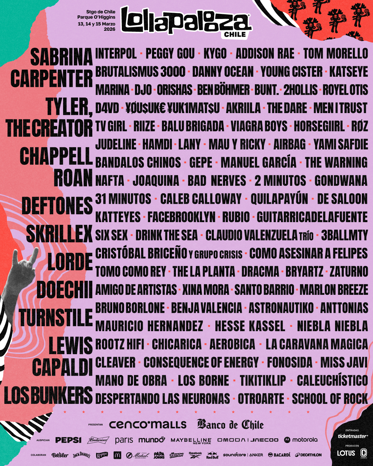 Lollapalooza Chile 2026: Sabrina Carpenter, Tyler, The Creator, Lorde y Los Bunkers encabezan un lineup histórico