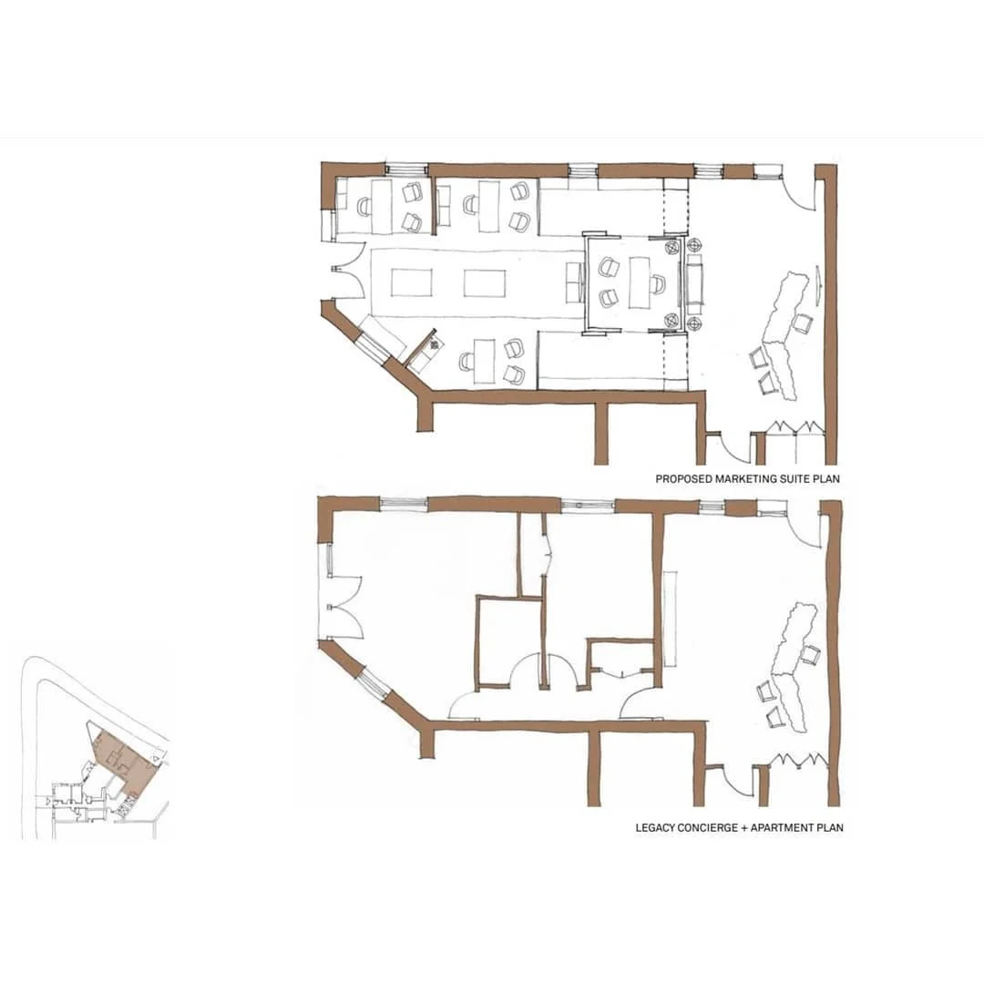 C O N C E P T: 

Following on from the last post and copper inspired material palette....

Above ☝🏻 are two floor plans: 

1) showing the space as a marketing suite for when this building functions as a sales space and show home. 

2) the long-term 