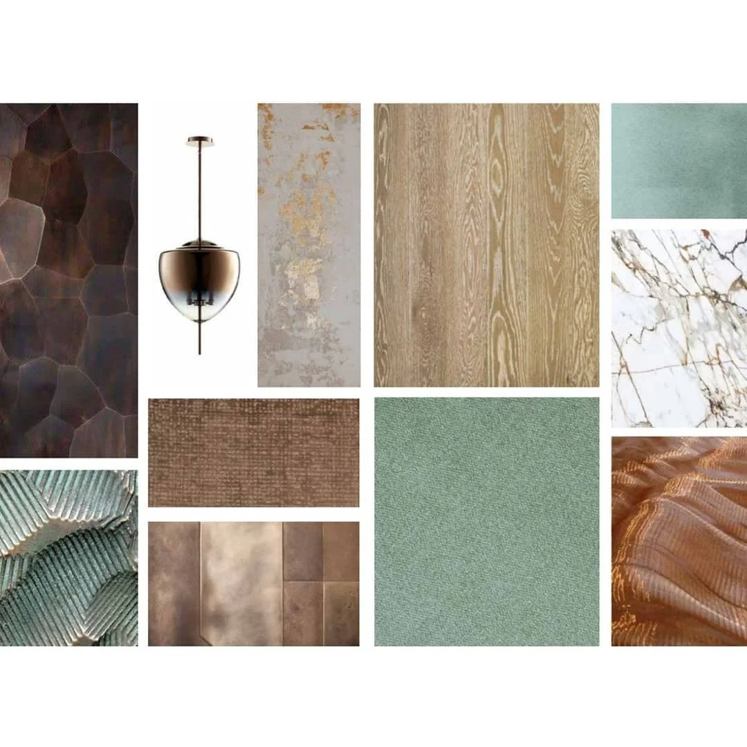 C O N C E P T: 

These next couple of posts look at the concept design for a Marketing Suite (show home). 👀

The starting point came from the building exterior, which is a beautiful facade of copper panels 🔶️🔸️🔶️. This led to the material palette