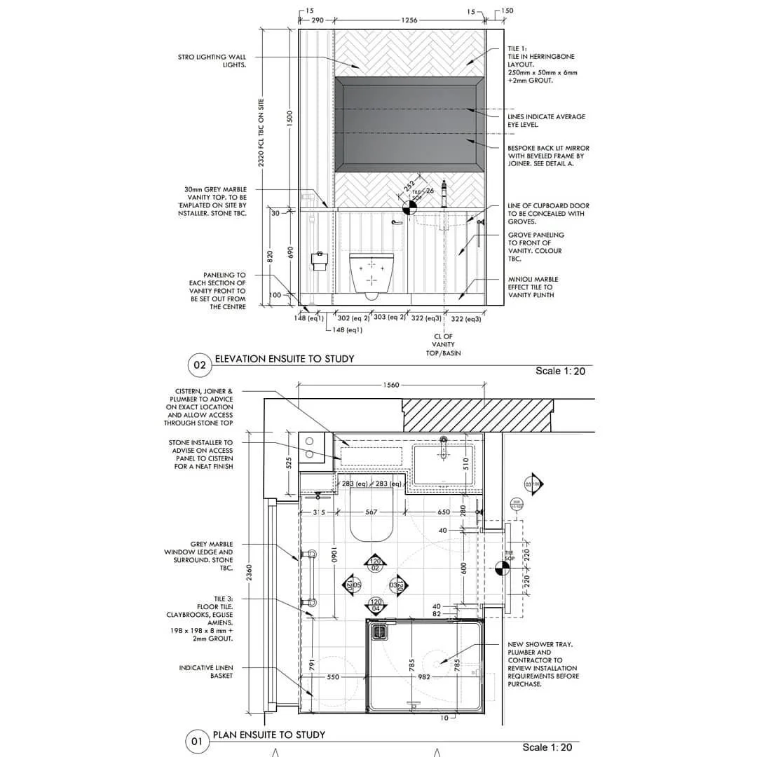 It's time to get technical! 🤓 

Following on from the previous 3D visual of the bathroom, here is the detail drawing that later accompanied it ✍. This Amongst Things drawing was used by the builder, electrician, tiler and decorator, to make sure all