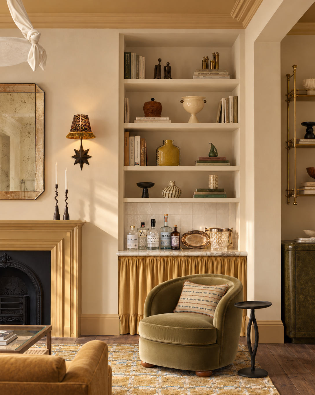 Warm, elegant living room with built-in shelves displaying books, art, pottery, and liquor bottles, a velvet armchair, fireplace, and brass bar cart.