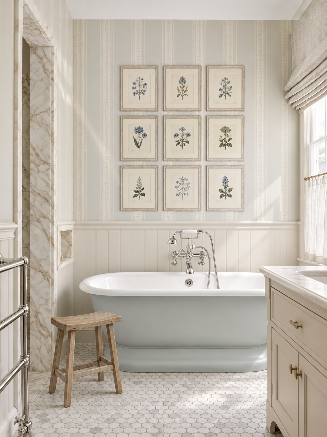 Elegant vintage-style bathroom with a freestanding bathtub, floral artwork, marble shower surround, hexagonal tile floor, and wooden stool